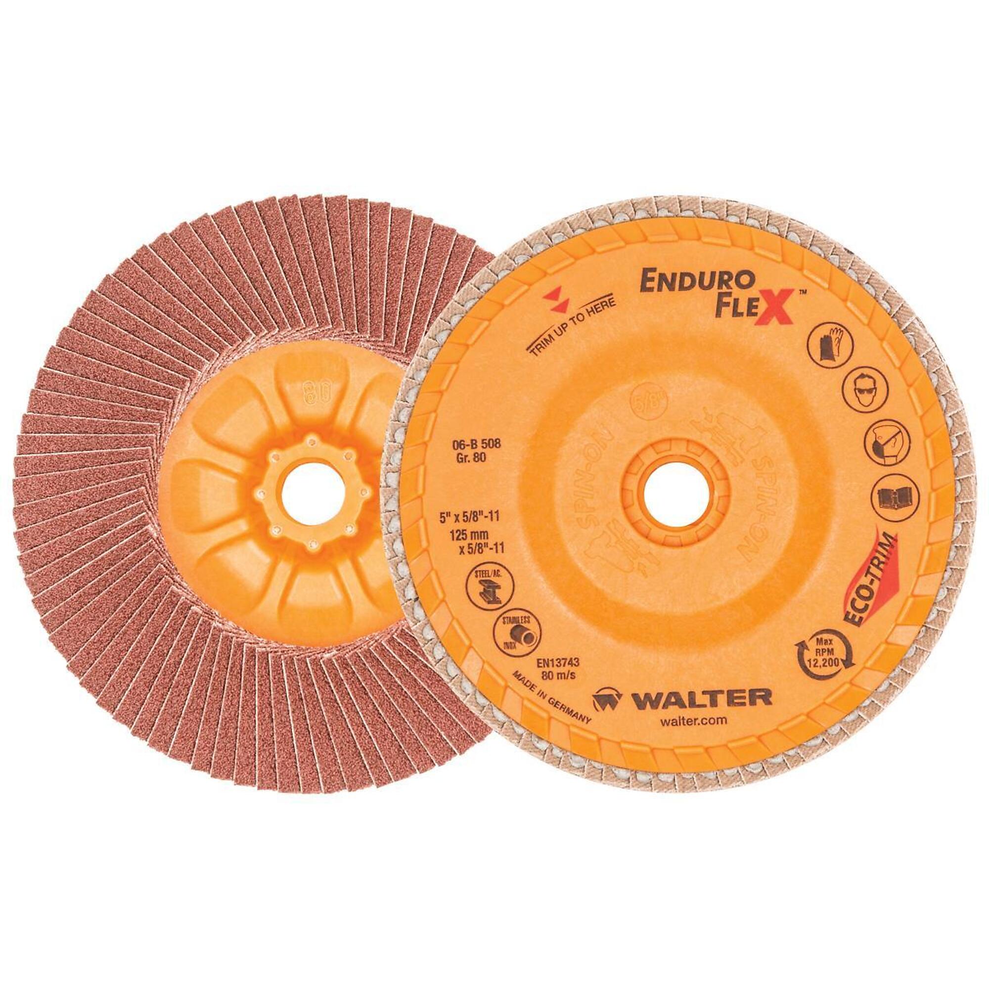 Walter Enduro-Flex 5in. GR80 Flap Discs — Spin-On, Zirconium Grain, Eco-Trim Backing, 10 Pcs, Model# 06B508